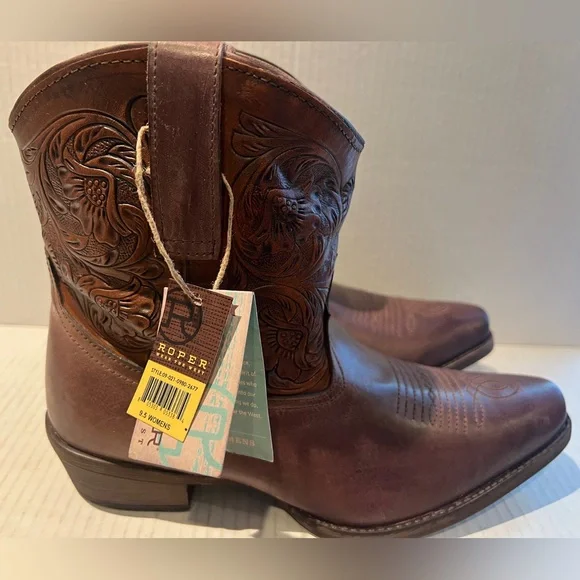 ROPER Women’s Western Brown Tooled Shaft Leather Short Boot. NWT SIZE 9.5 - Picture 3 of 10